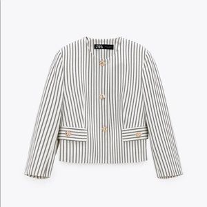 Zara 3/4 Sleeve Cropped Blazer White with Navy Blue Stripes Gold Buttons - Small